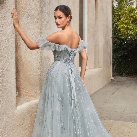 NEW LONG OFF THE SHOULDER SLEEVELESS A-LINE DRESS WITH LACE UP BACK AL A1092 - Picture 6 of 14